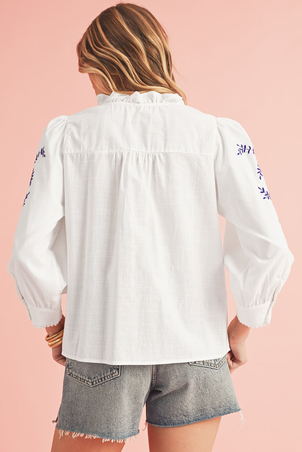 White Floral Embroidered Button Up Boho Blouse – Shewin | ClozArt