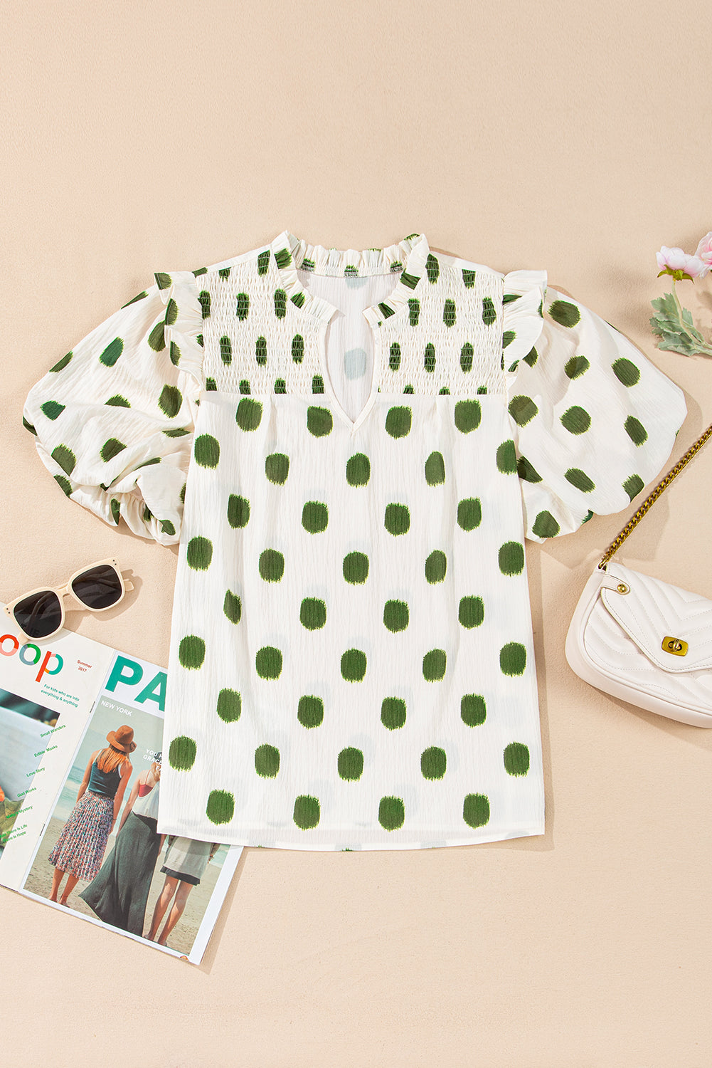 Black Polka Dot Print Smocked Notched Neck Balloon Sleeve Blouse – Shewin | ClozArt