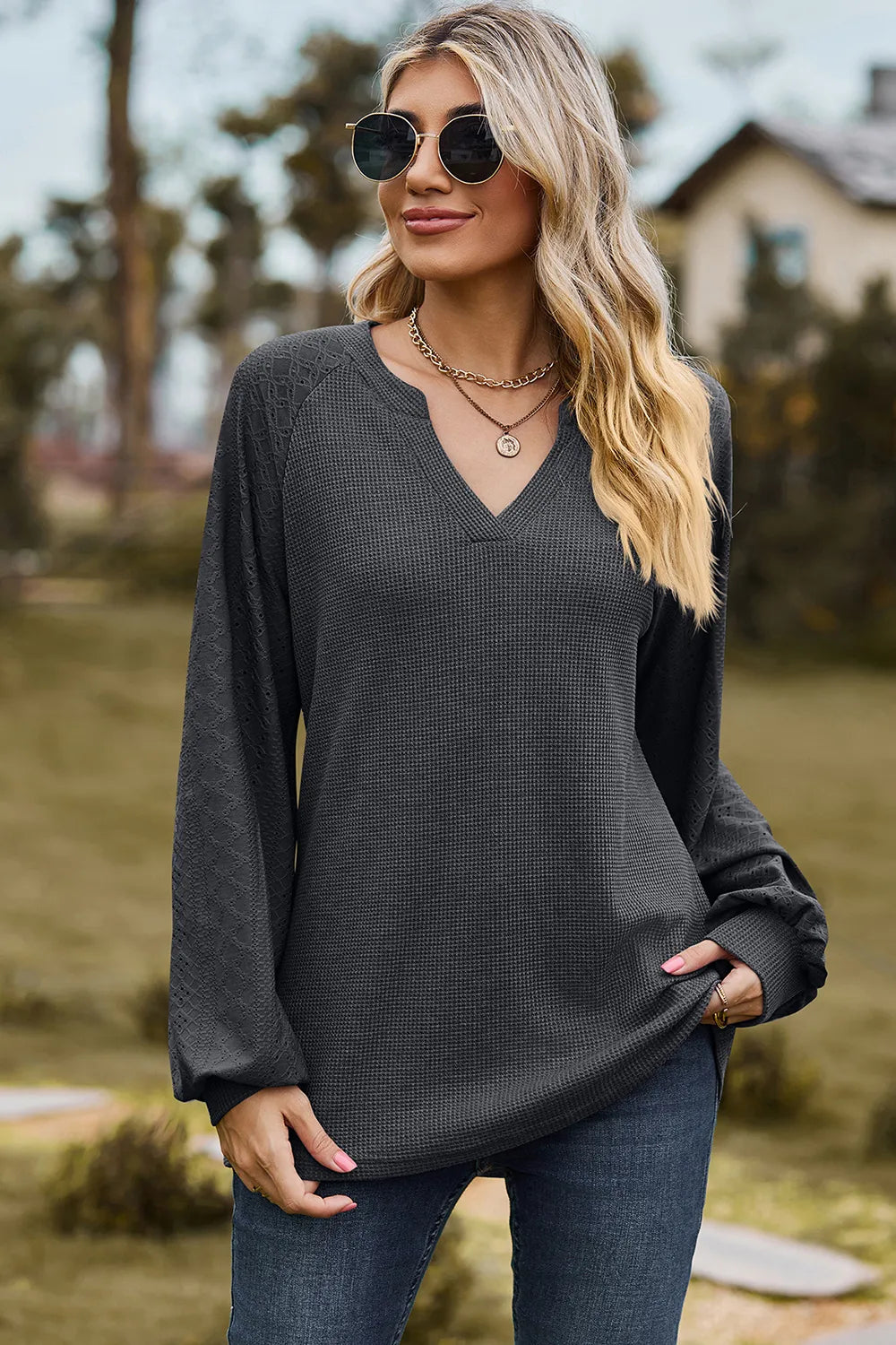 Eyelet Notched Raglan Sleeve T-Shirt – Trendsi | ClozArt