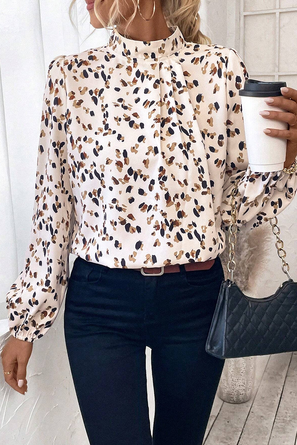 Black Leopard Print Puff Sleeve Mock Neck Pleated Blouse – Shewin | ClozArt
