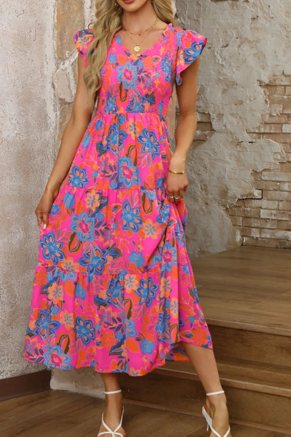 Boho Floral V Neck Ruffle Tiered Dress – Trendsi | ClozArt