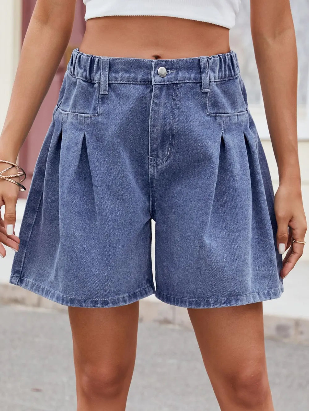 Ruched Half Elastic Waist Denim Shorts – Trendsi | ClozArt