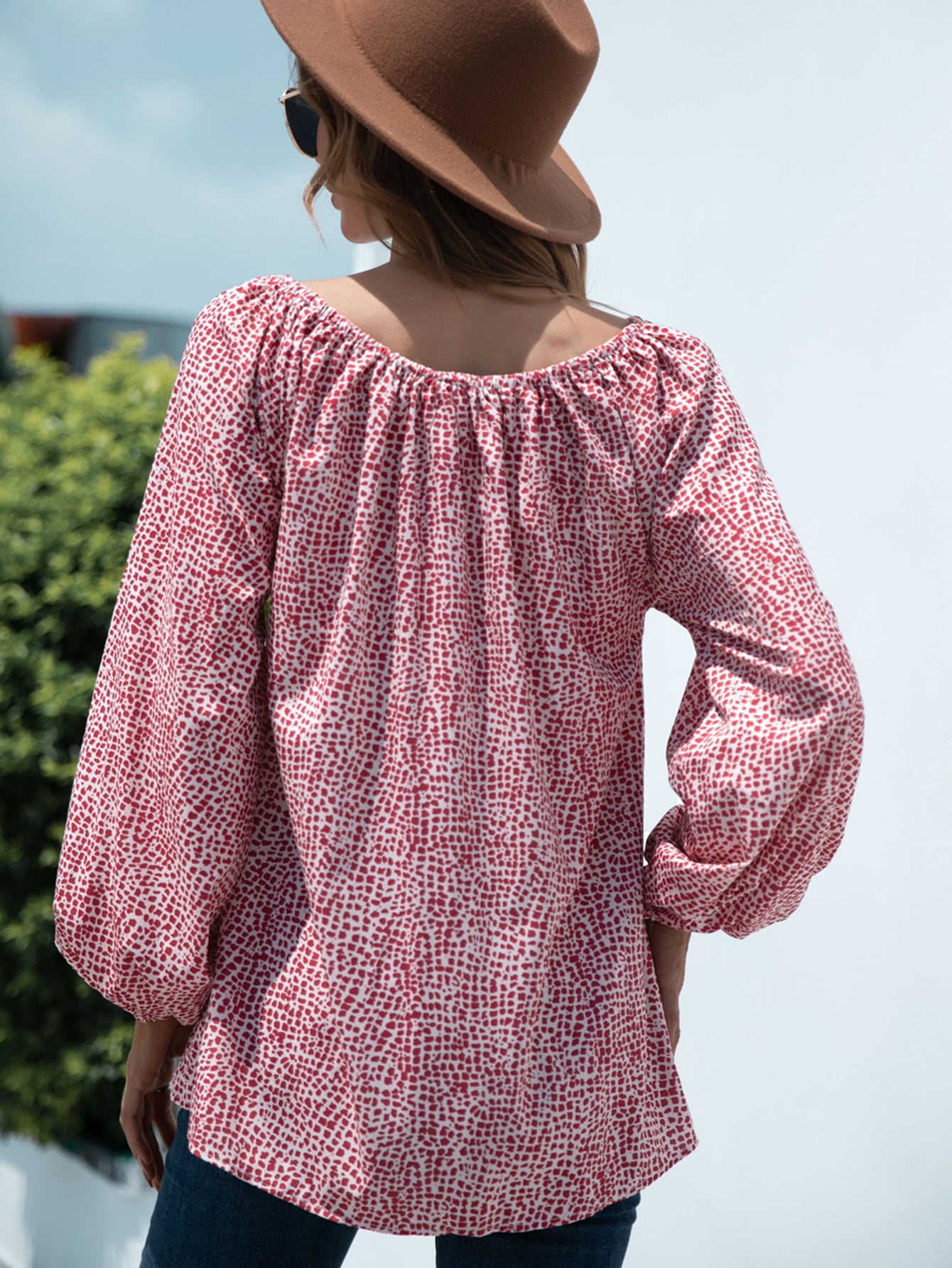 Printed Tie-Neck Balloon Sleeve Blouse – Trendsi | ClozArt