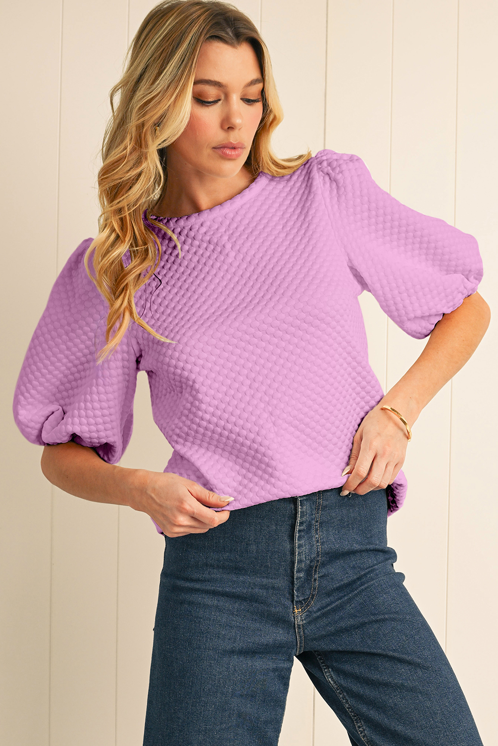 White Solid Textured O Neck Puff Sleeve Blouse – Shewin | ClozArt