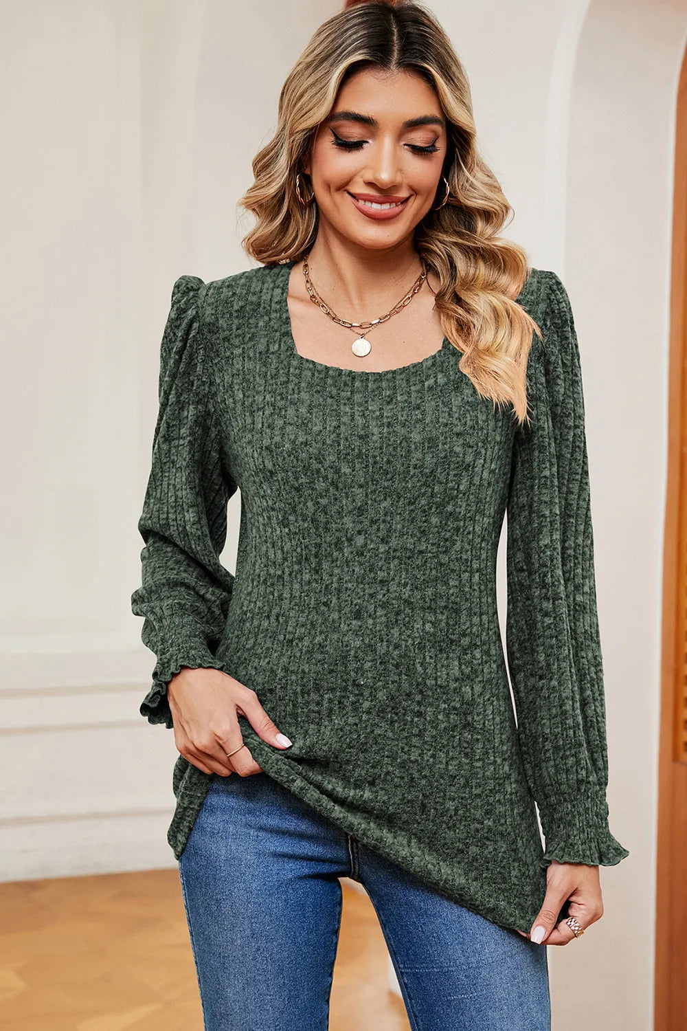 Square Neck Flounce Sleeve T-Shirt – Trendsi | ClozArt