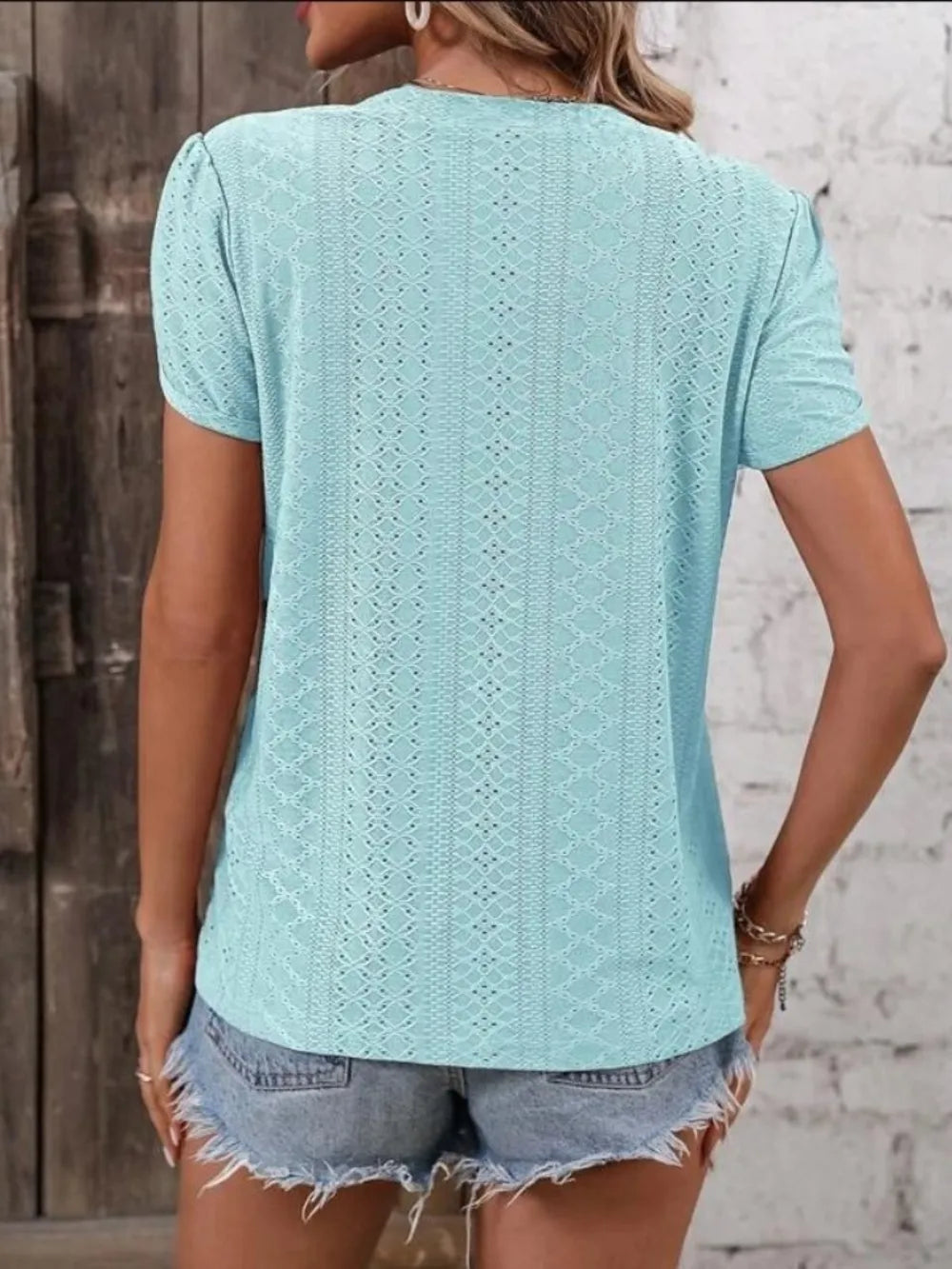 Eyelet V-Neck Petal Sleeve T-Shirt – Trendsi | ClozArt