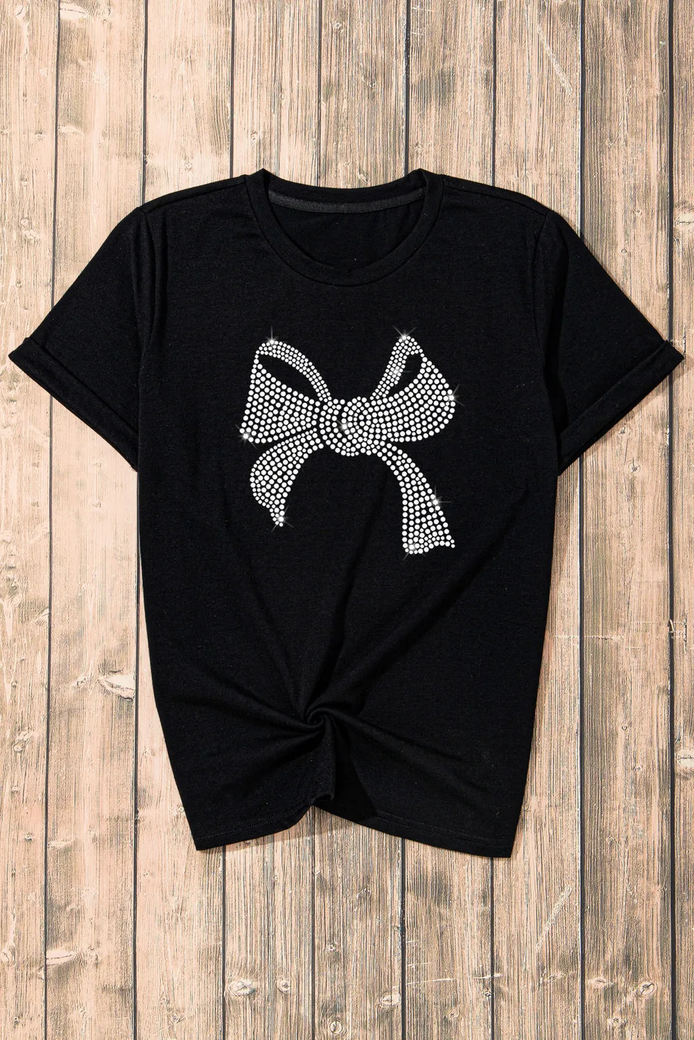 Rhinestone Bow Graphic Round Neck Short Sleeve T-Shirt – Trendsi | ClozArt