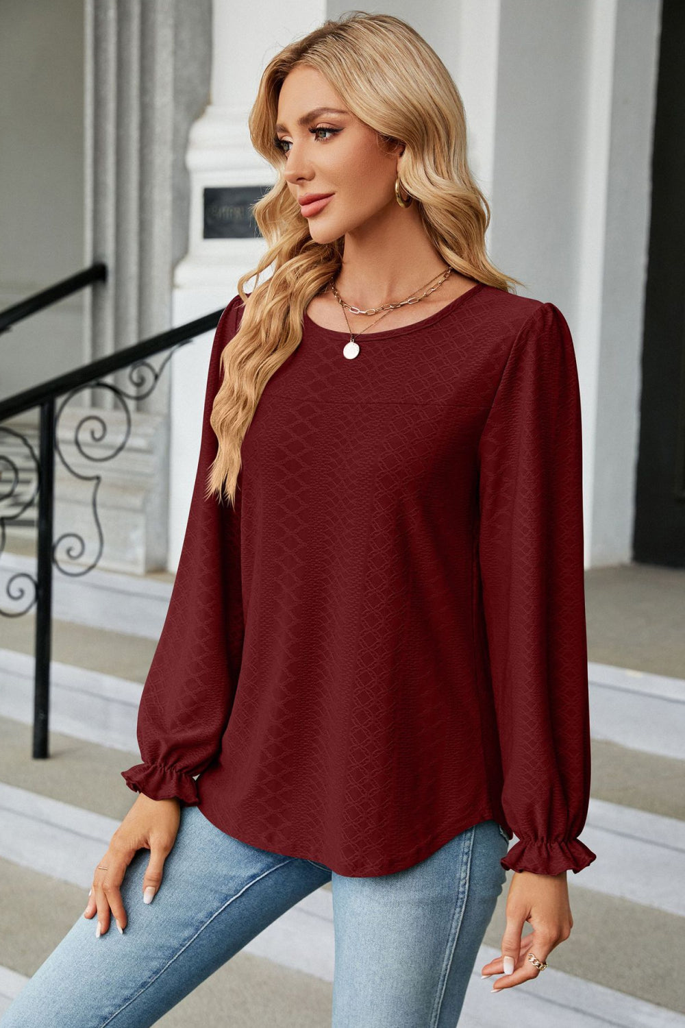 Round Neck Flounce Sleeve Blouse – Trendsi | ClozArt