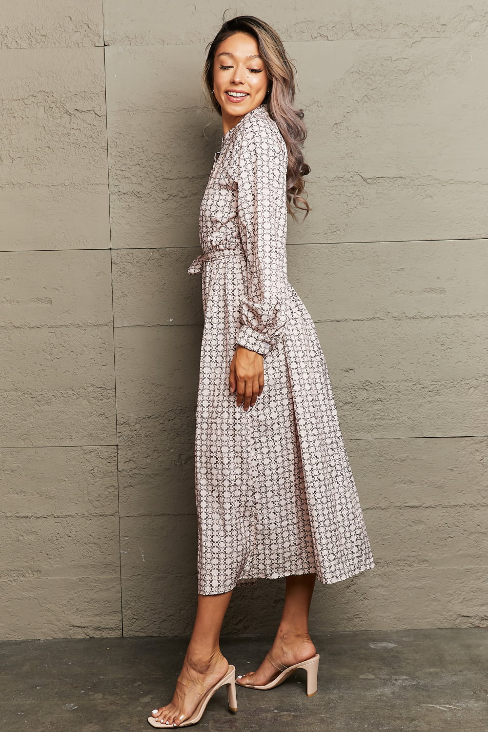 Perfee Printed Tie Waist Long Sleeve Dress – Trendsi | ClozArt