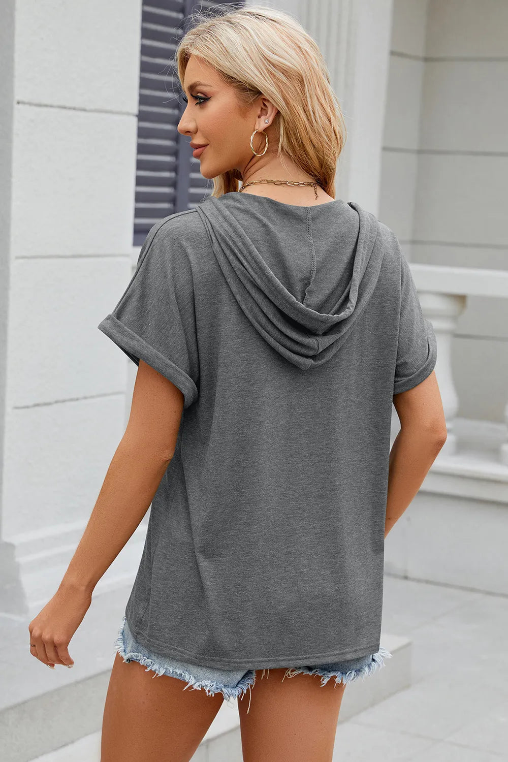 Half Button Drawstring Short Sleeve Hooded T-Shirt – Trendsi | ClozArt