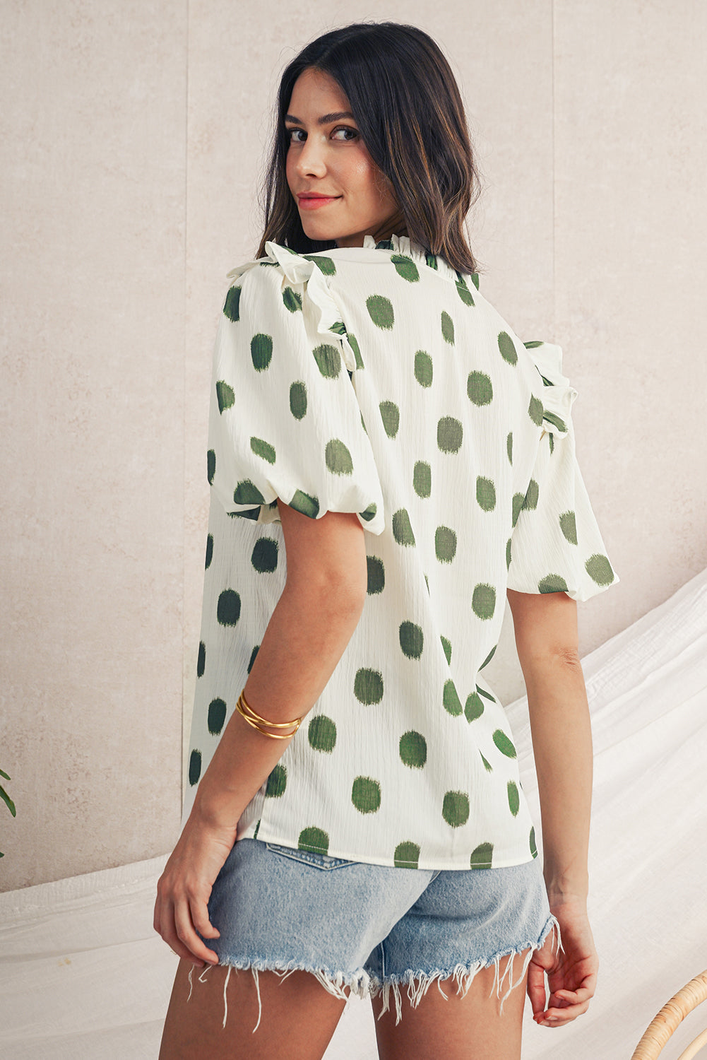Black Polka Dot Print Smocked Notched Neck Balloon Sleeve Blouse – Shewin | ClozArt