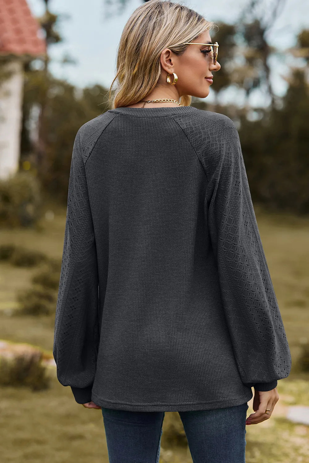 Eyelet Notched Raglan Sleeve T-Shirt – Trendsi | ClozArt