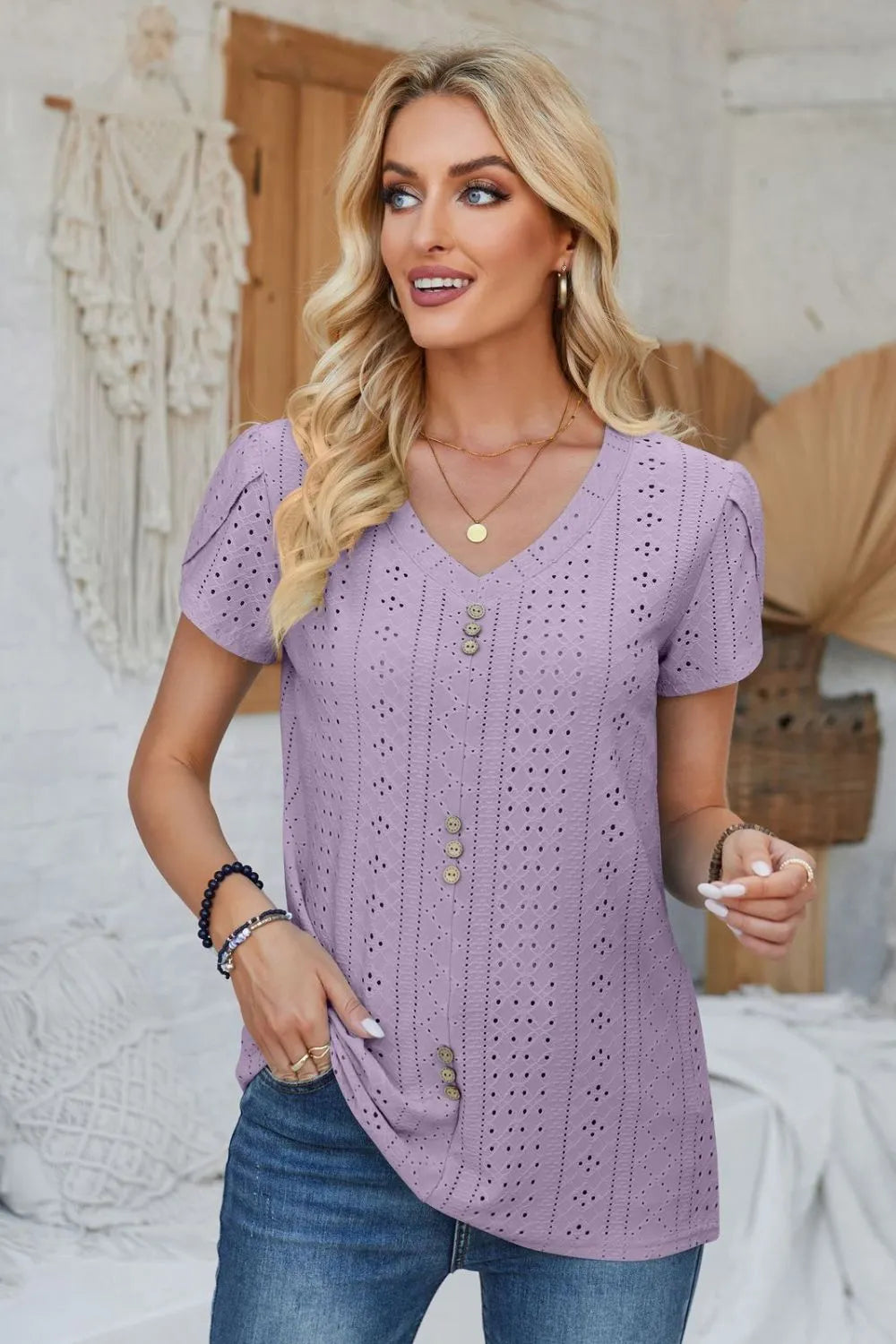 Decorative Button Eyelet V-Neck Short Sleeve T-Shirt – Trendsi | ClozArt