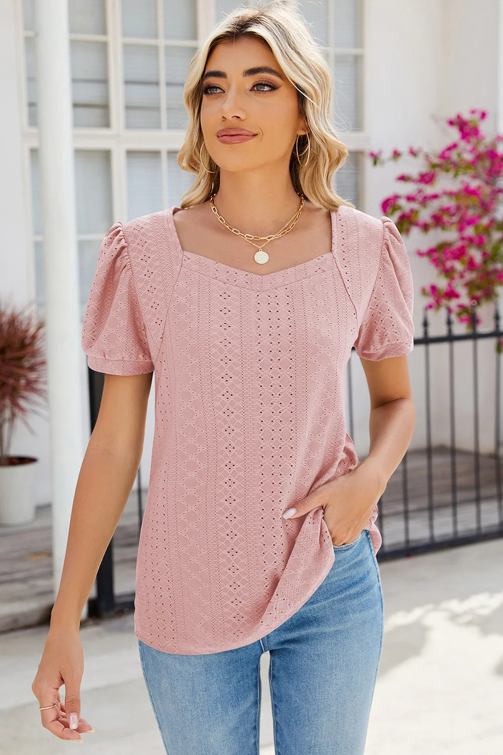 Eyelet Puff Sleeve T-Shirt – Trendsi | ClozArt