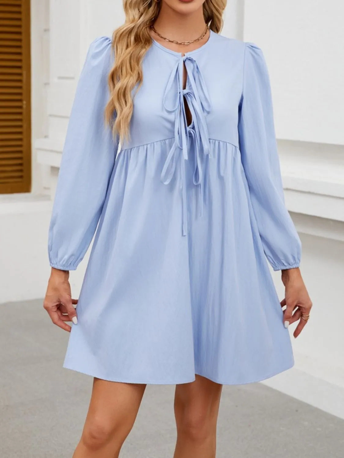 Tie Front Long Sleeve Mini Dress – Trendsi | ClozArt
