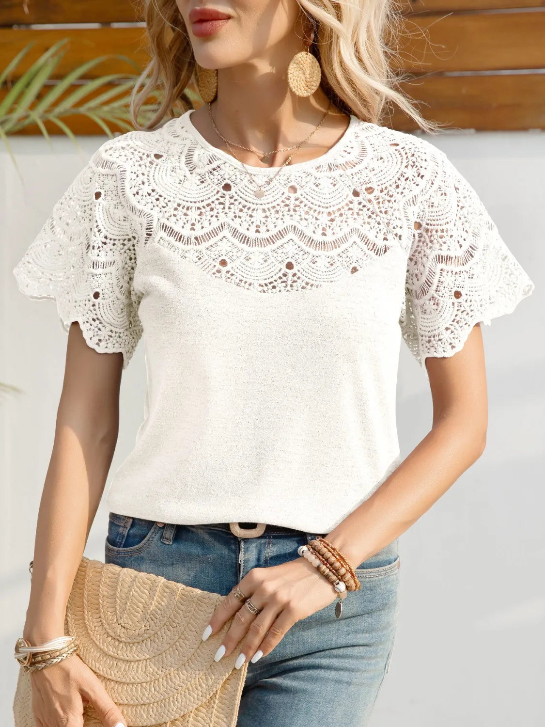 Round Neck Short Sleeve Crochet Top – Trendsi | ClozArt