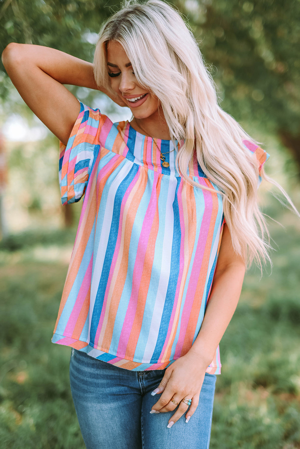 Multicolored Stripe Flutter Sleeve Blouse – Trendsi | ClozArt