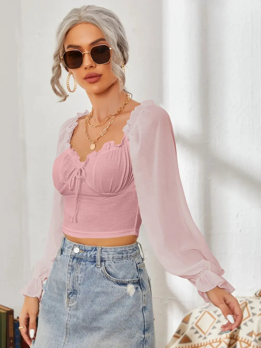 Mesh Sweetheart Neck Flounce Sleeve Top – Trendsi | ClozArt