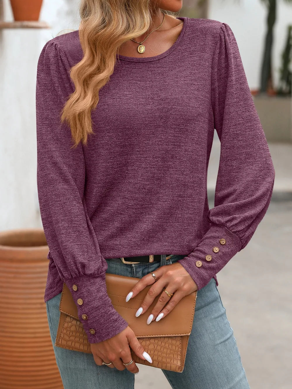 Decorative Button Round Neck Long Sleeve T-Shirt – Trendsi | ClozArt
