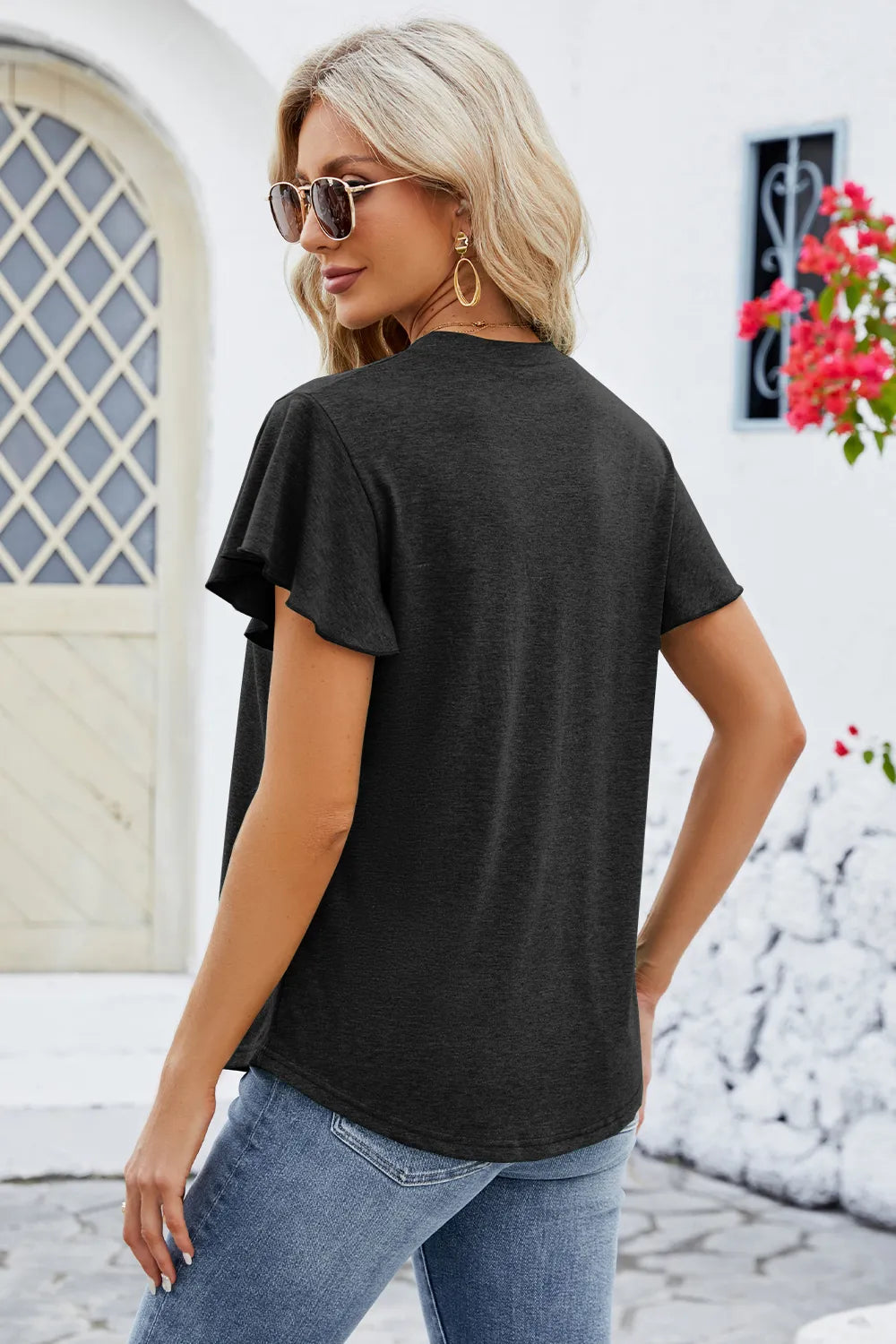 V-Neck Flutter Sleeve T-Shirt – Trendsi | ClozArt