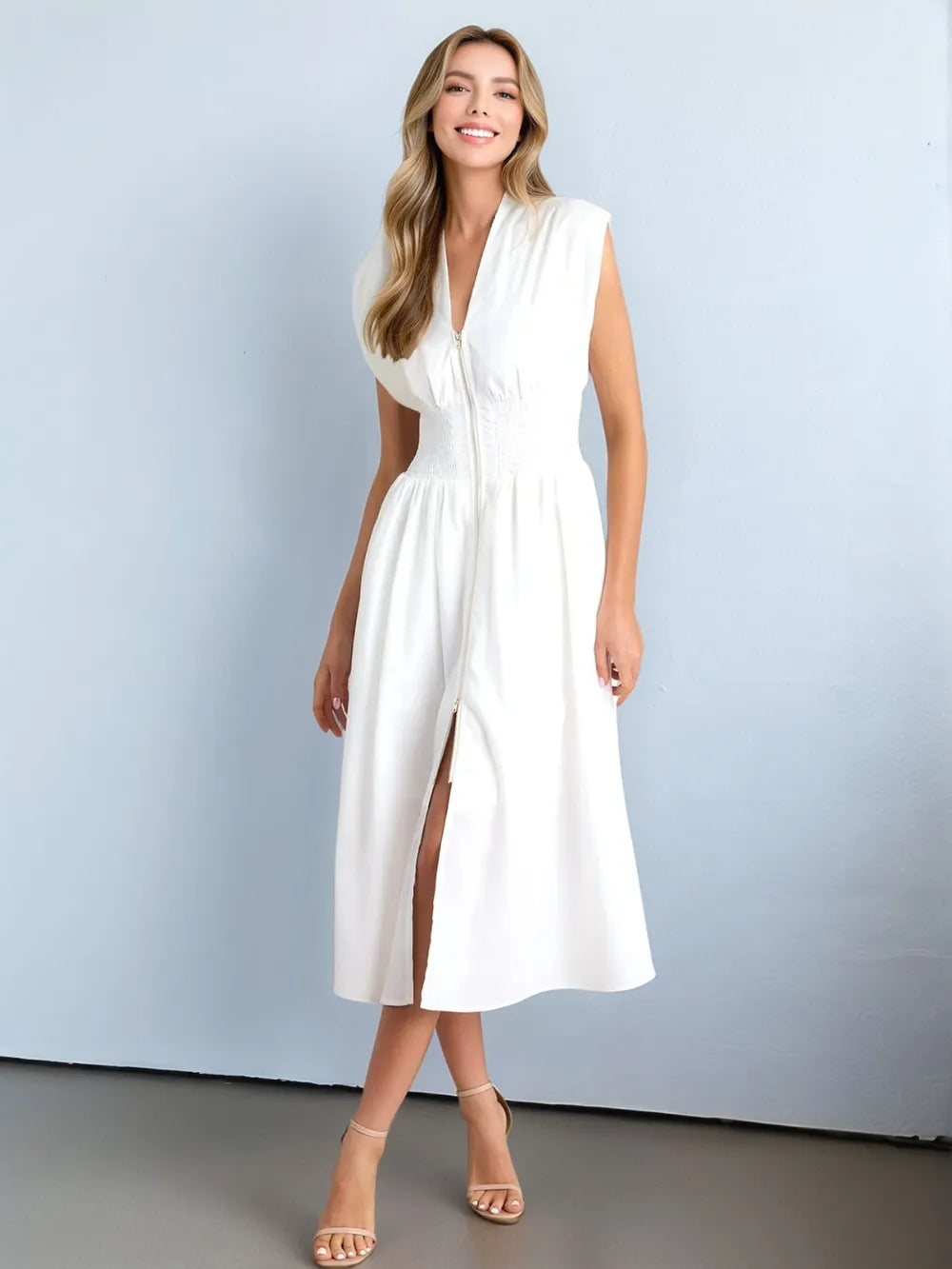 Smocked Zip Front Cap Sleeve Dress – Trendsi | ClozArt