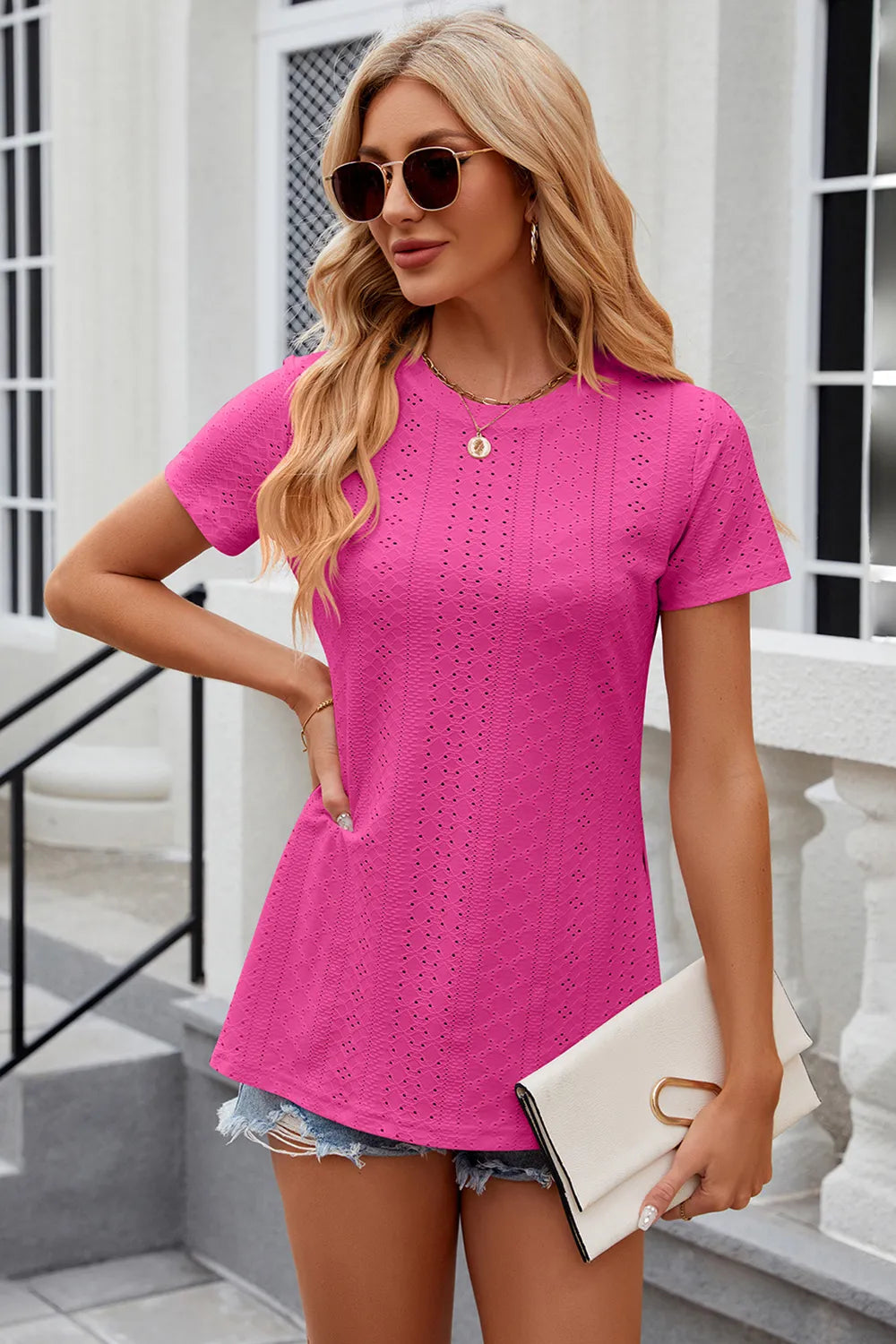 Eyelet Slit Round Neck Short Sleeve T-Shirt – Trendsi | ClozArt