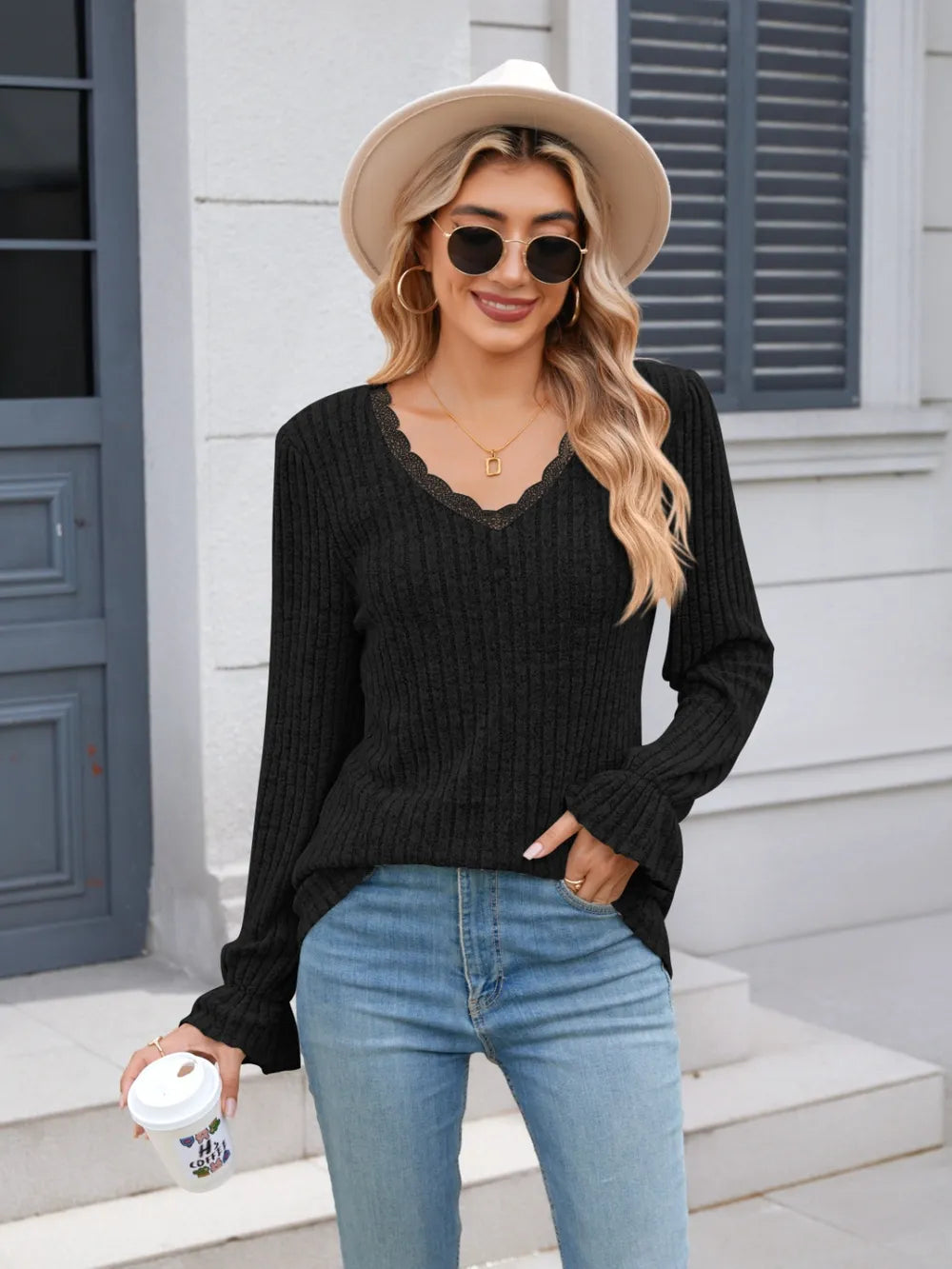 Lace Detail V-Neck Long Sleeve T-Shirt – Trendsi | ClozArt