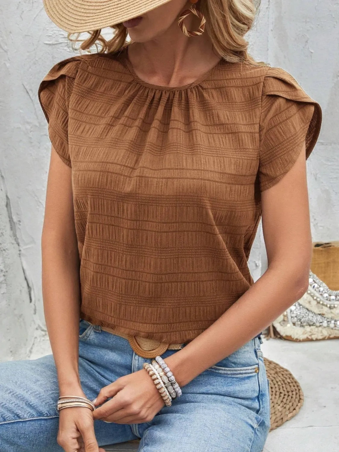 Round Neck Petal Sleeve Top – Trendsi | ClozArt
