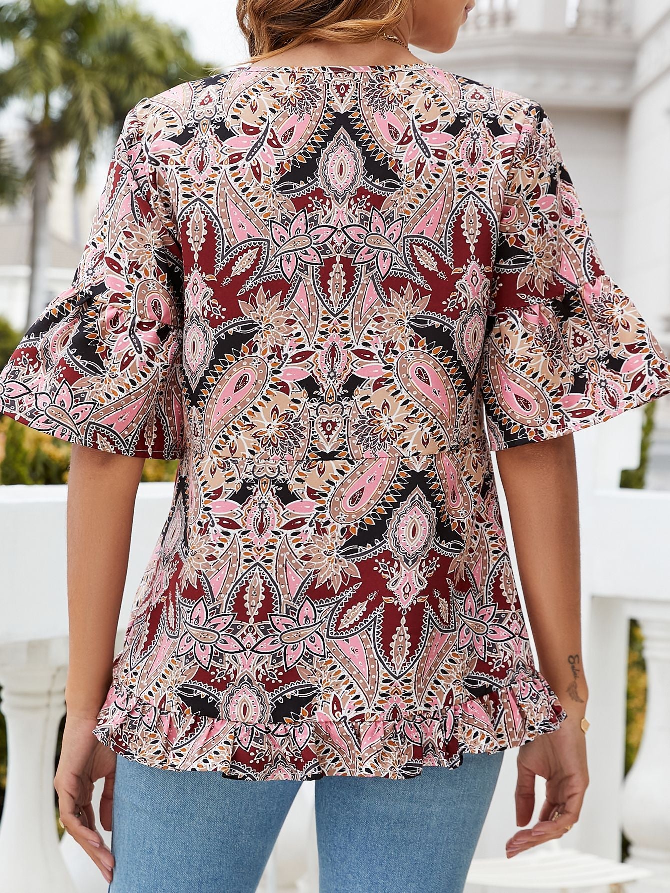 Printed Flounce Sleeve Ruffle Hem Blouse – Trendsi | ClozArt