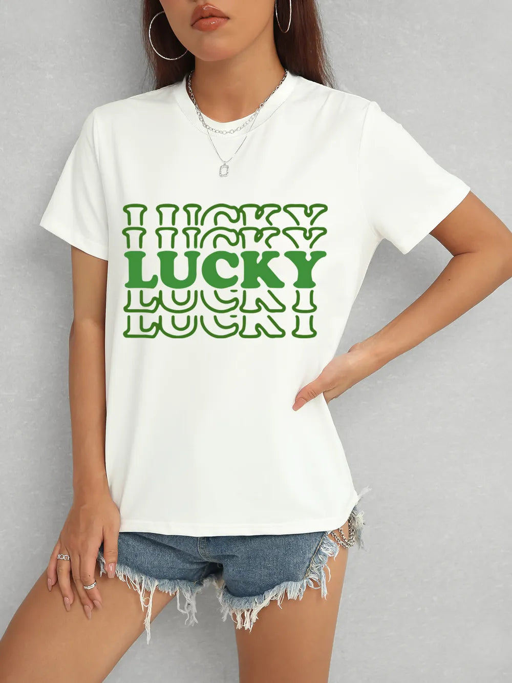LUCKY Round Neck Short Sleeve T-Shirt – Trendsi | ClozArt