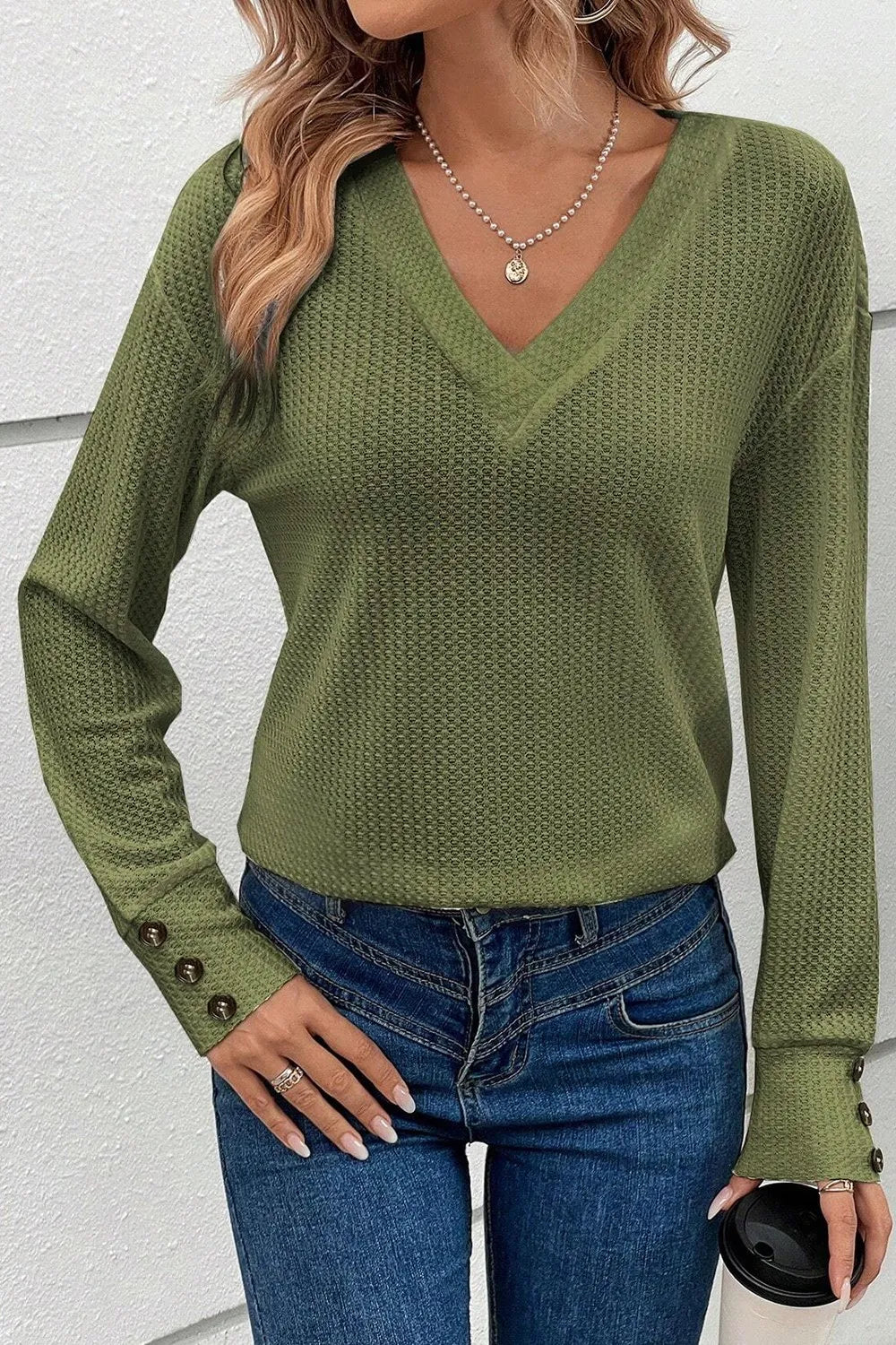 Decorative Button V-Neck Long Sleeve T-Shirt – Trendsi | ClozArt