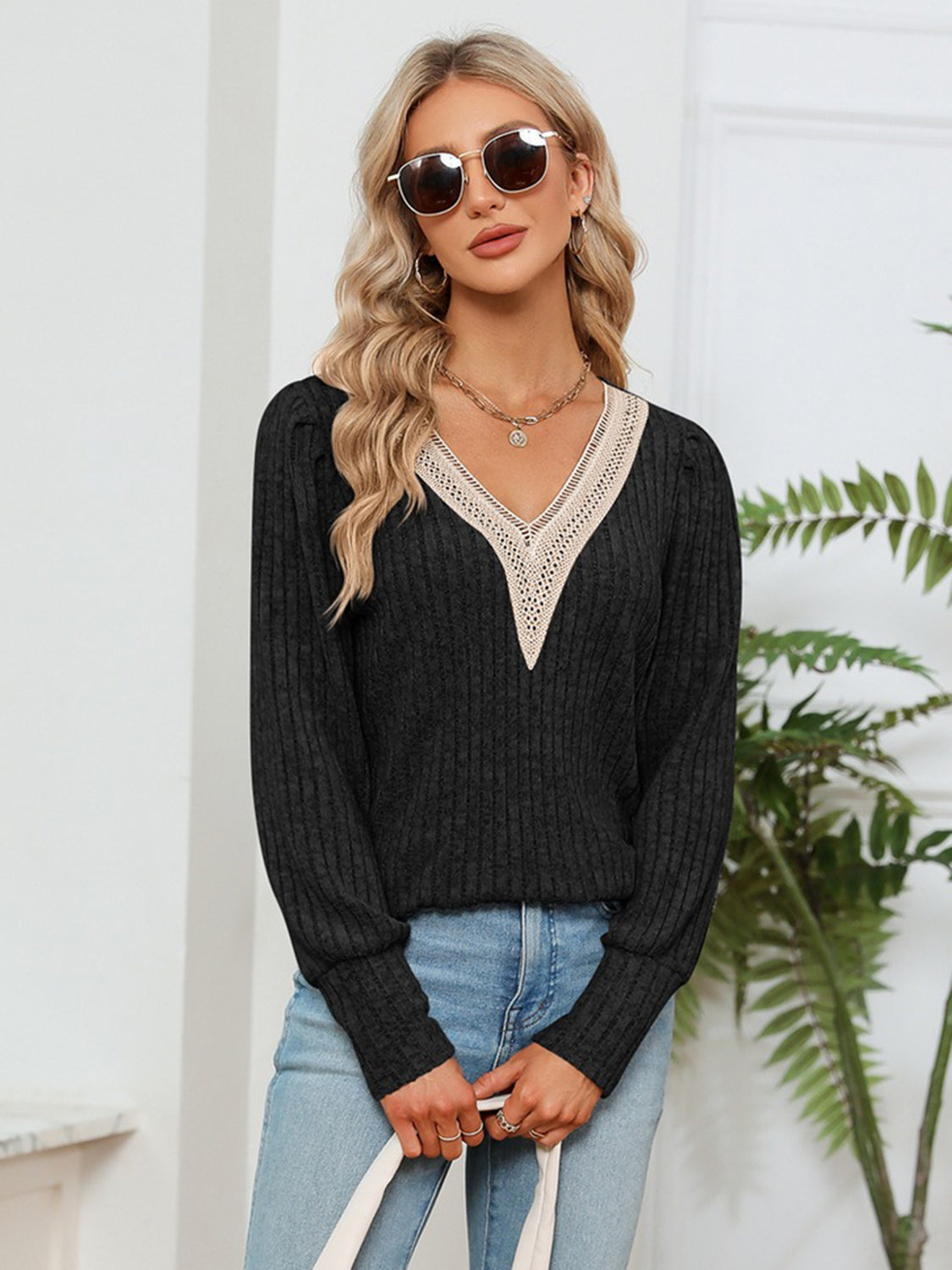 Lace Detail V-Neck Ribbed Blouse – Trendsi | ClozArt
