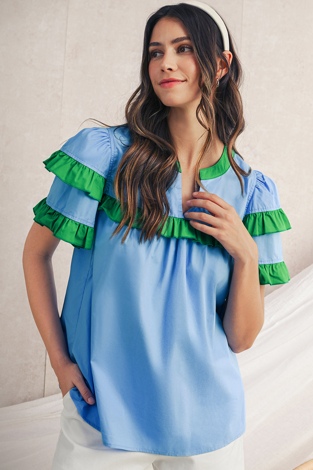 Mist Blue Ruffle Trim V-Neck Puff Sleeve Blouse – Shewin | ClozArt