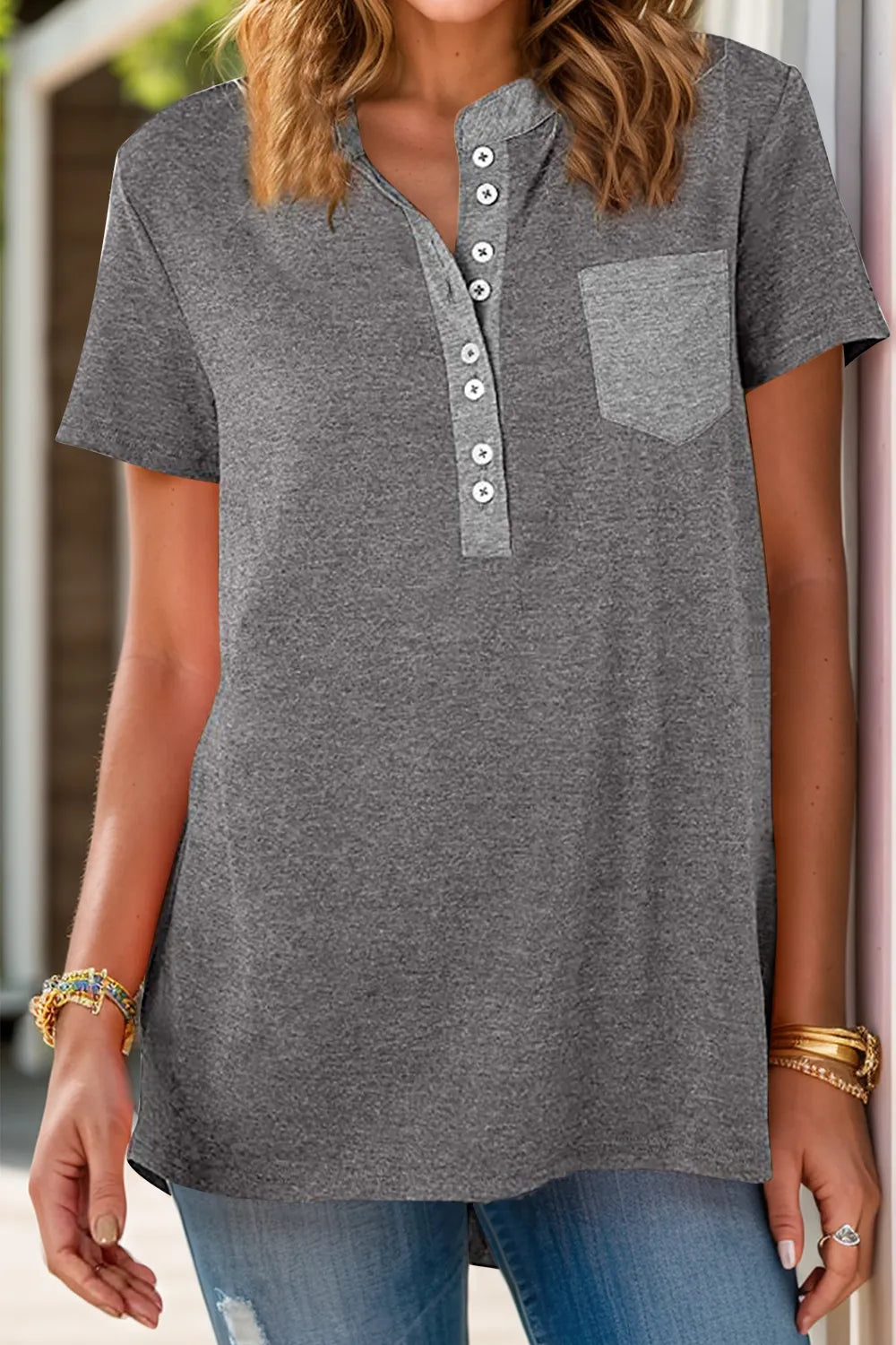 Full Size Half Button Short Sleeve T-Shirt – Trendsi | ClozArt