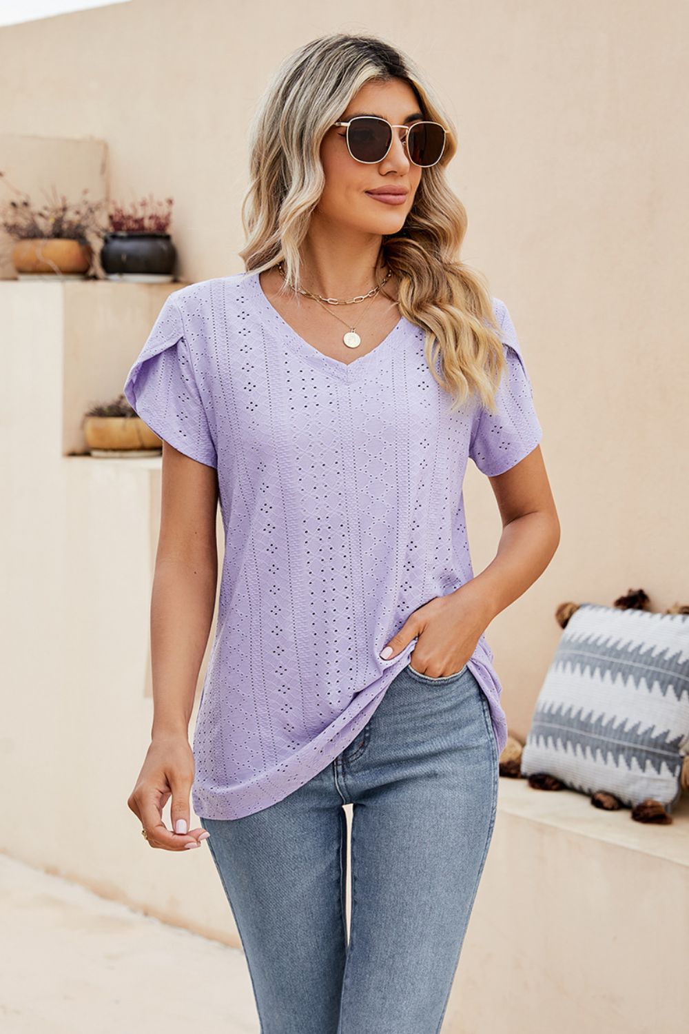 Eyelet Petal Sleeve V-Neck Knit Top – Trendsi | ClozArt