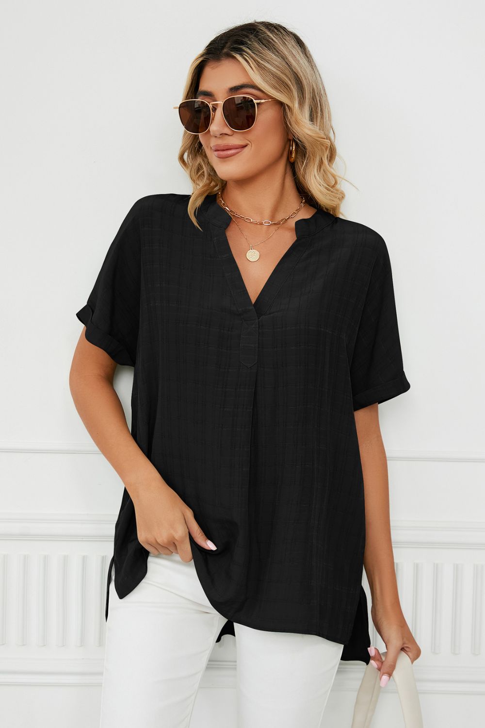 Side Slit Notched Neck Cuffed Short Sleeve Blouse – Trendsi | ClozArt