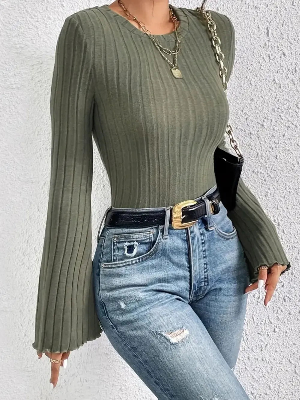 Ribbed Round Neck Flare Sleeve T-Shirt – Trendsi | ClozArt