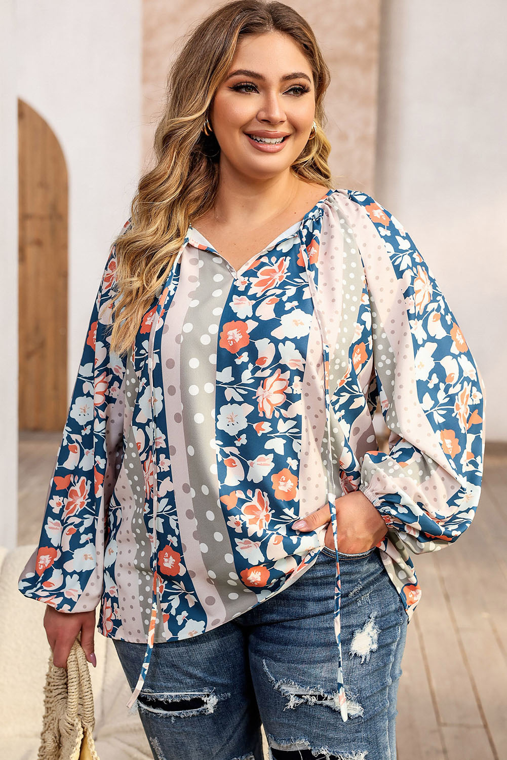 Plus Size Floral Tie Neck Blouse – Trendsi | ClozArt