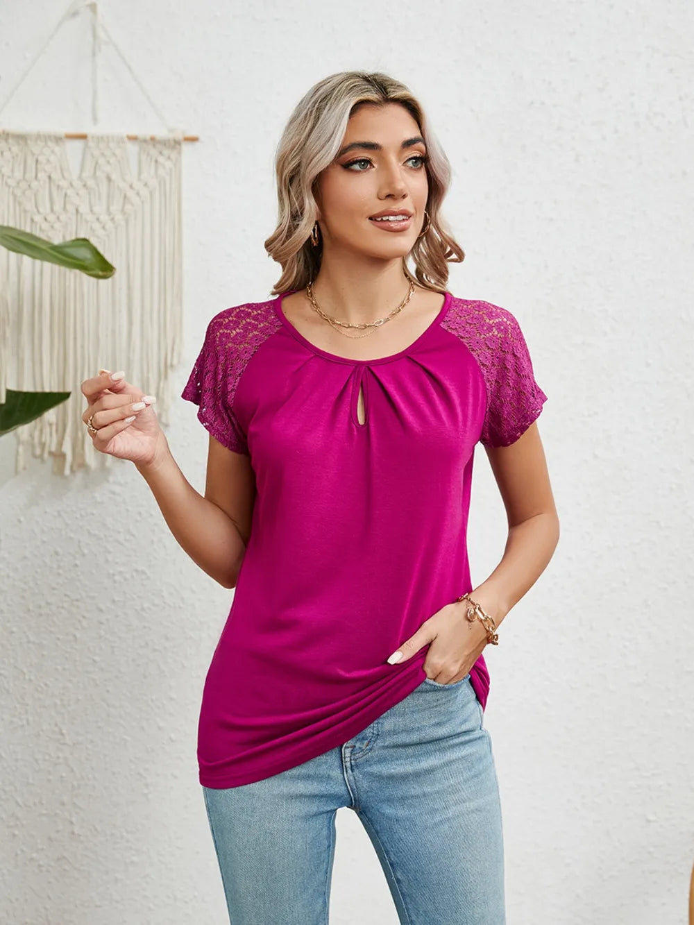 Lace Detail Round Neck Short Sleeve T-Shirt – Trendsi | ClozArt