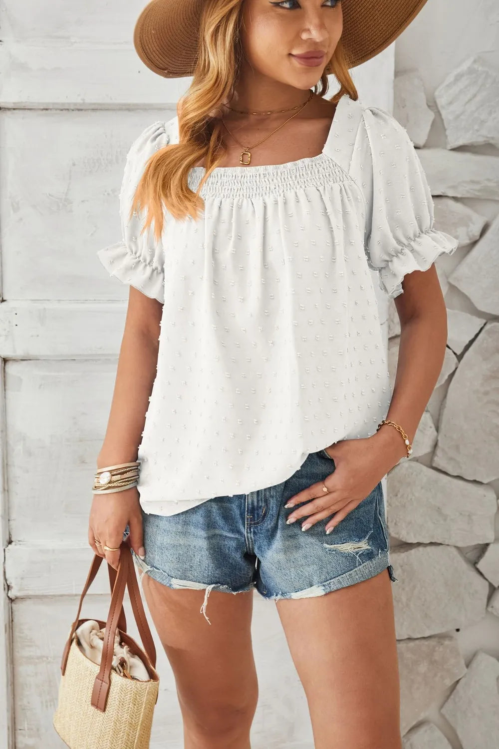 Swiss Dot Smocked Square Neck Short Sleeve T-Shirt – Trendsi | ClozArt