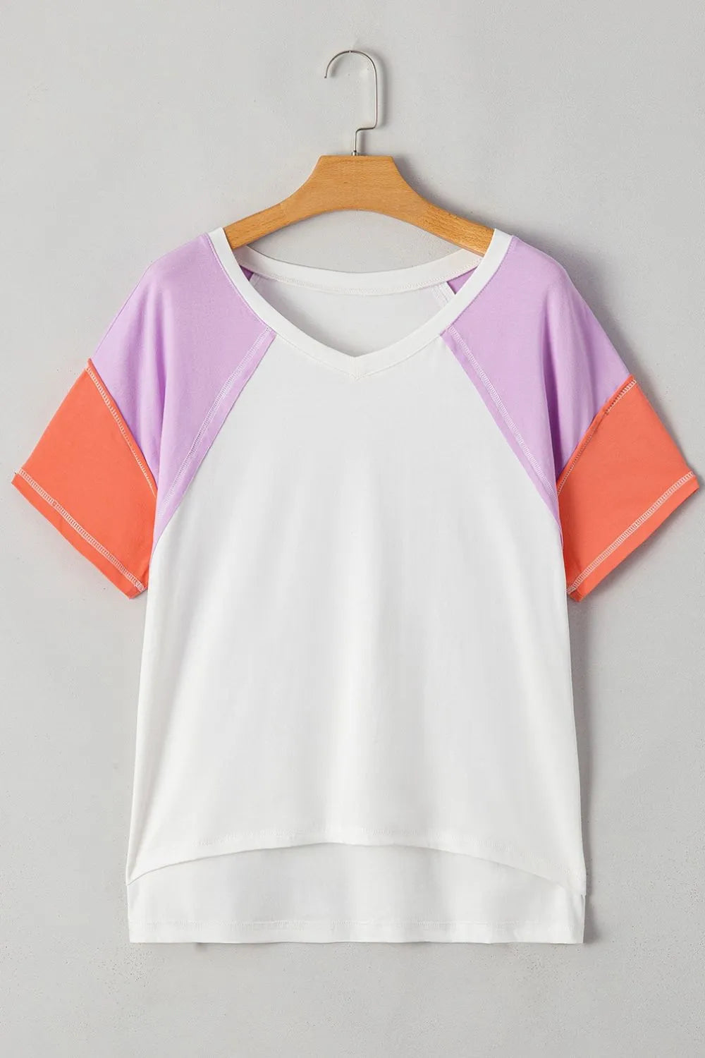 Color Block Patchwork V Neck Exposed Seam High Low T Shirt – Trendsi | ClozArt