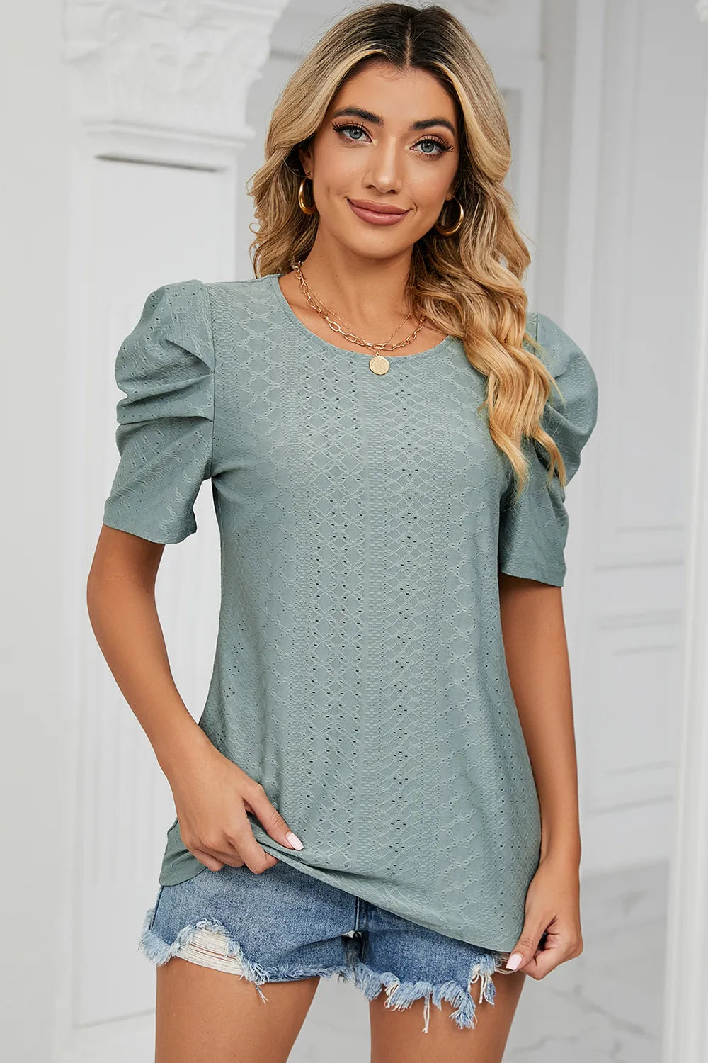 Eyelet Round Neck Puff Sleeve T-Shirt – Trendsi | ClozArt
