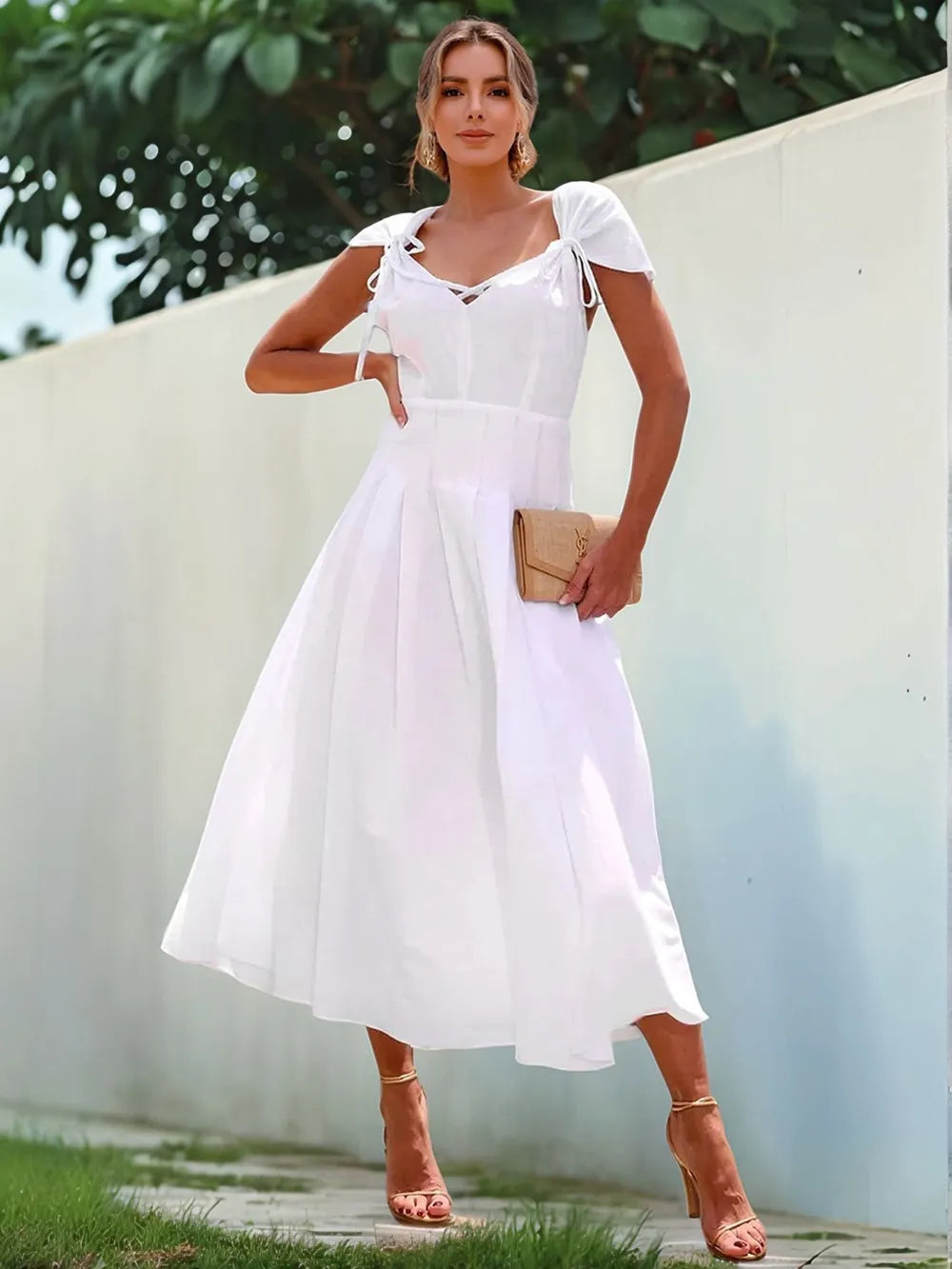 Pleated Detail V-Neck Cap Sleeve Midi Dress – Trendsi | ClozArt