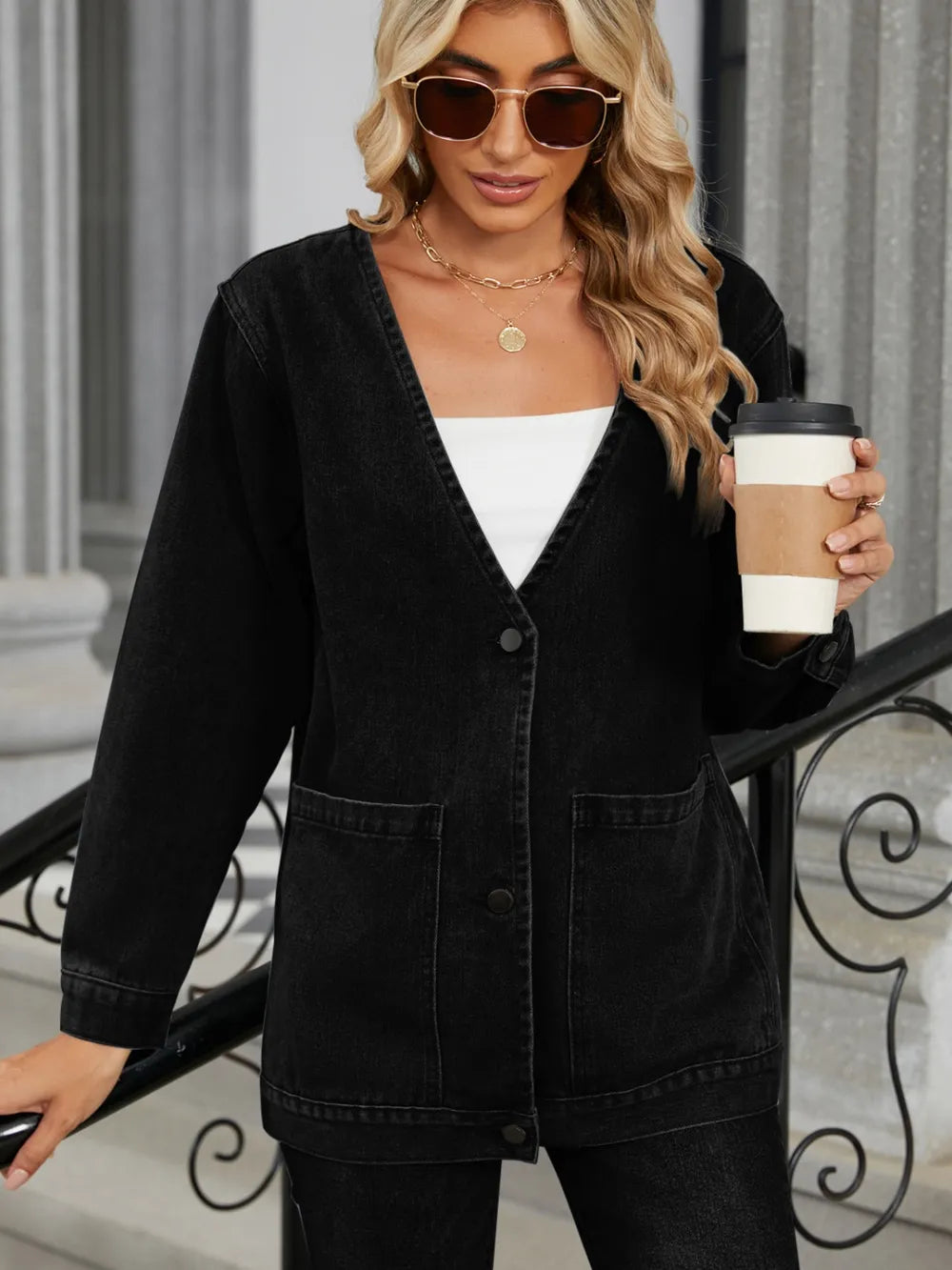 Pocketed V-Neck Button Up Denim Jacket – Trendsi | ClozArt
