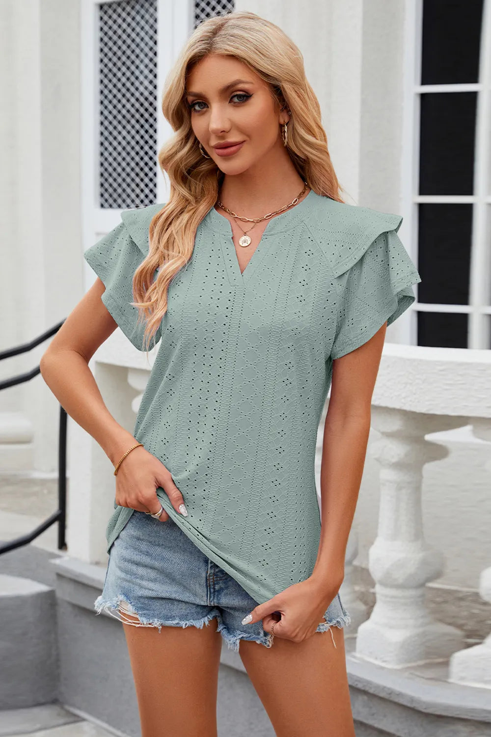 Eyelet Notched Short Sleeve T-Shirt – Trendsi | ClozArt