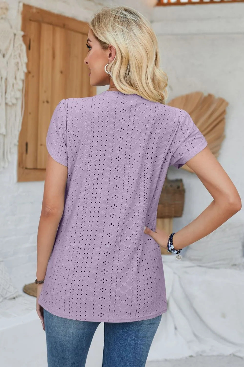 Decorative Button Eyelet V-Neck Short Sleeve T-Shirt – Trendsi | ClozArt