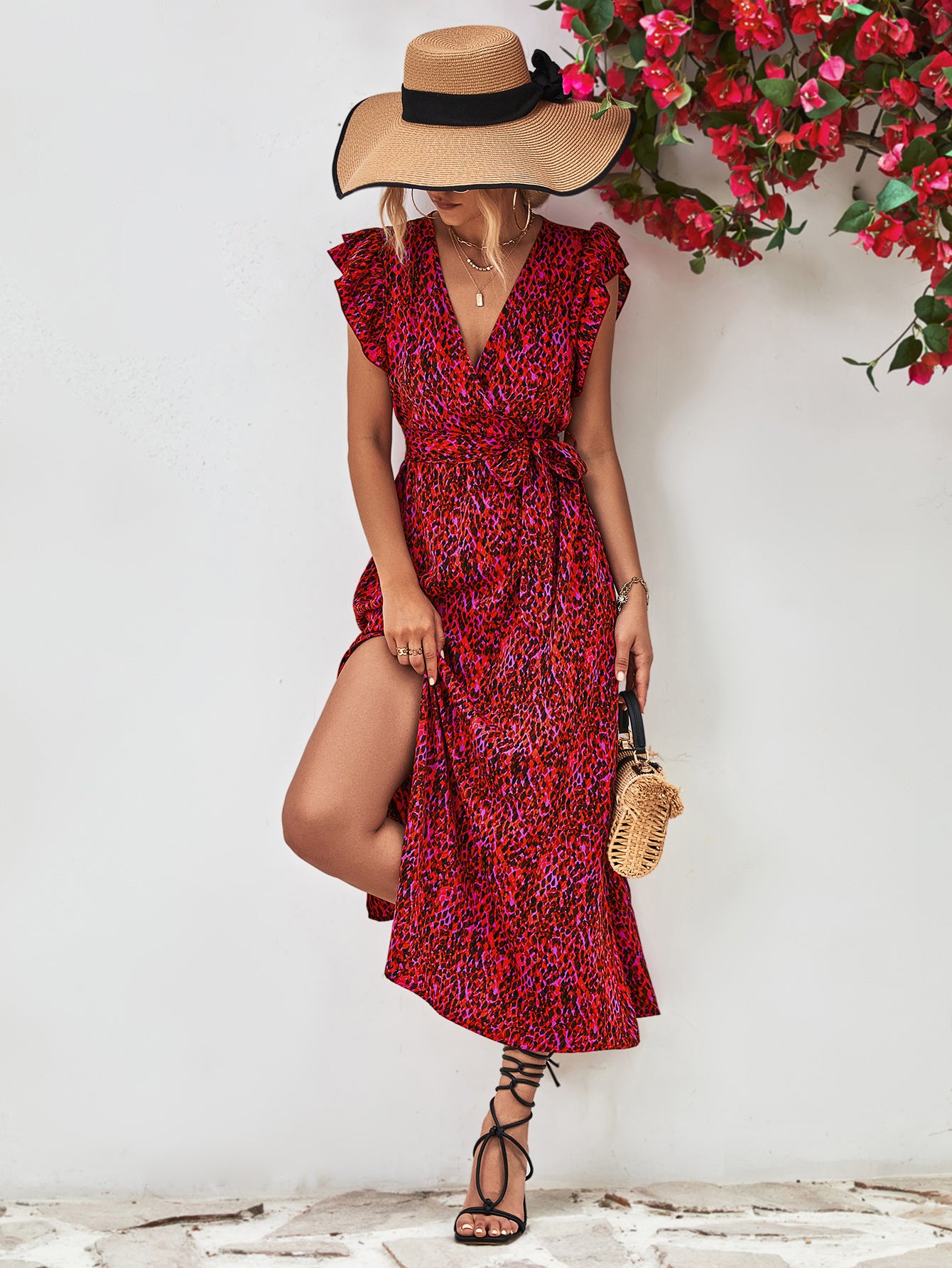 Printed Surplice Neck Flutter Sleeve Slit Dress – Trendsi | ClozArt