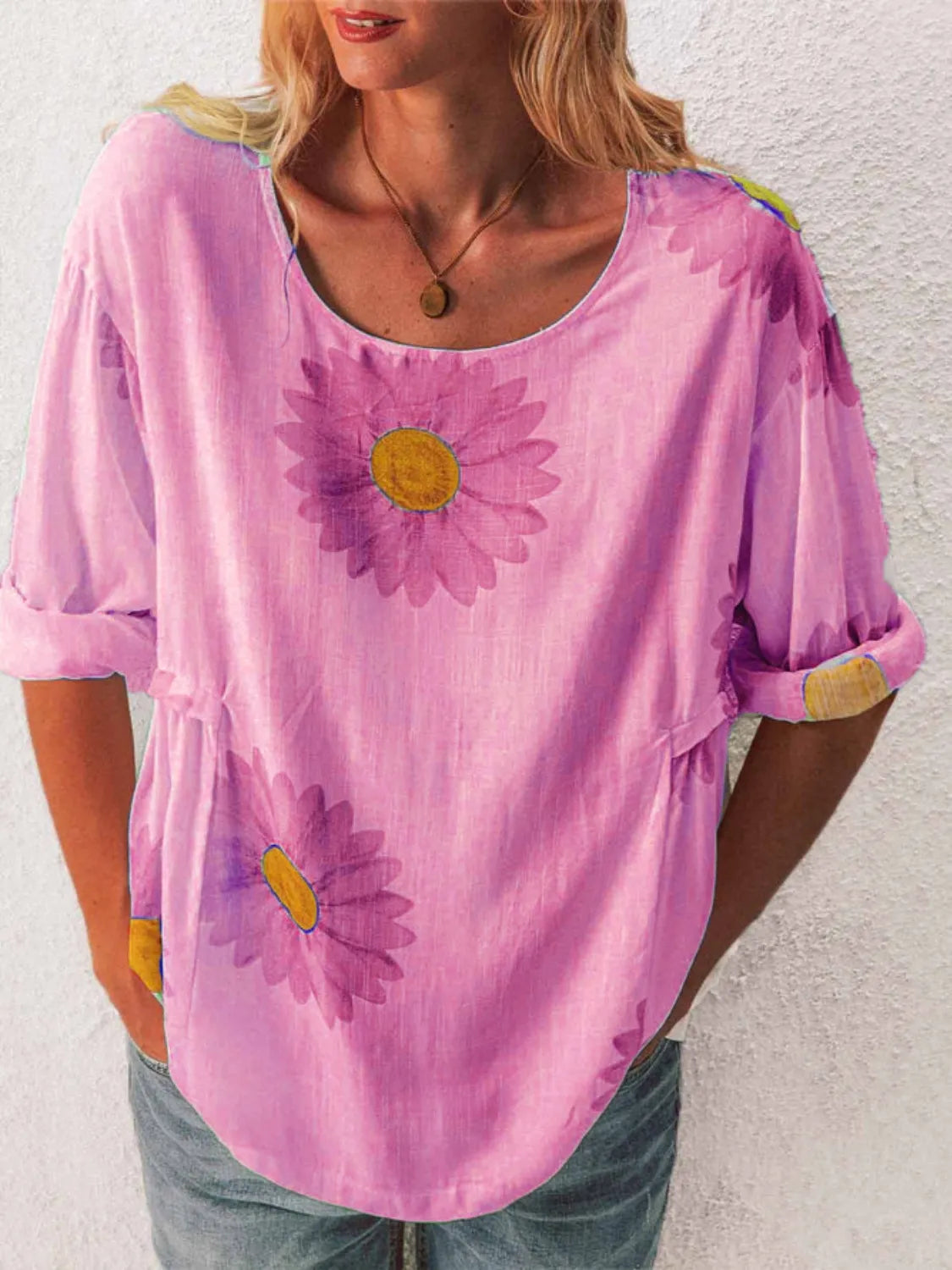 Full Size Flower Round Neck Half Sleeve T-Shirt Plus Size – Trendsi | ClozArt