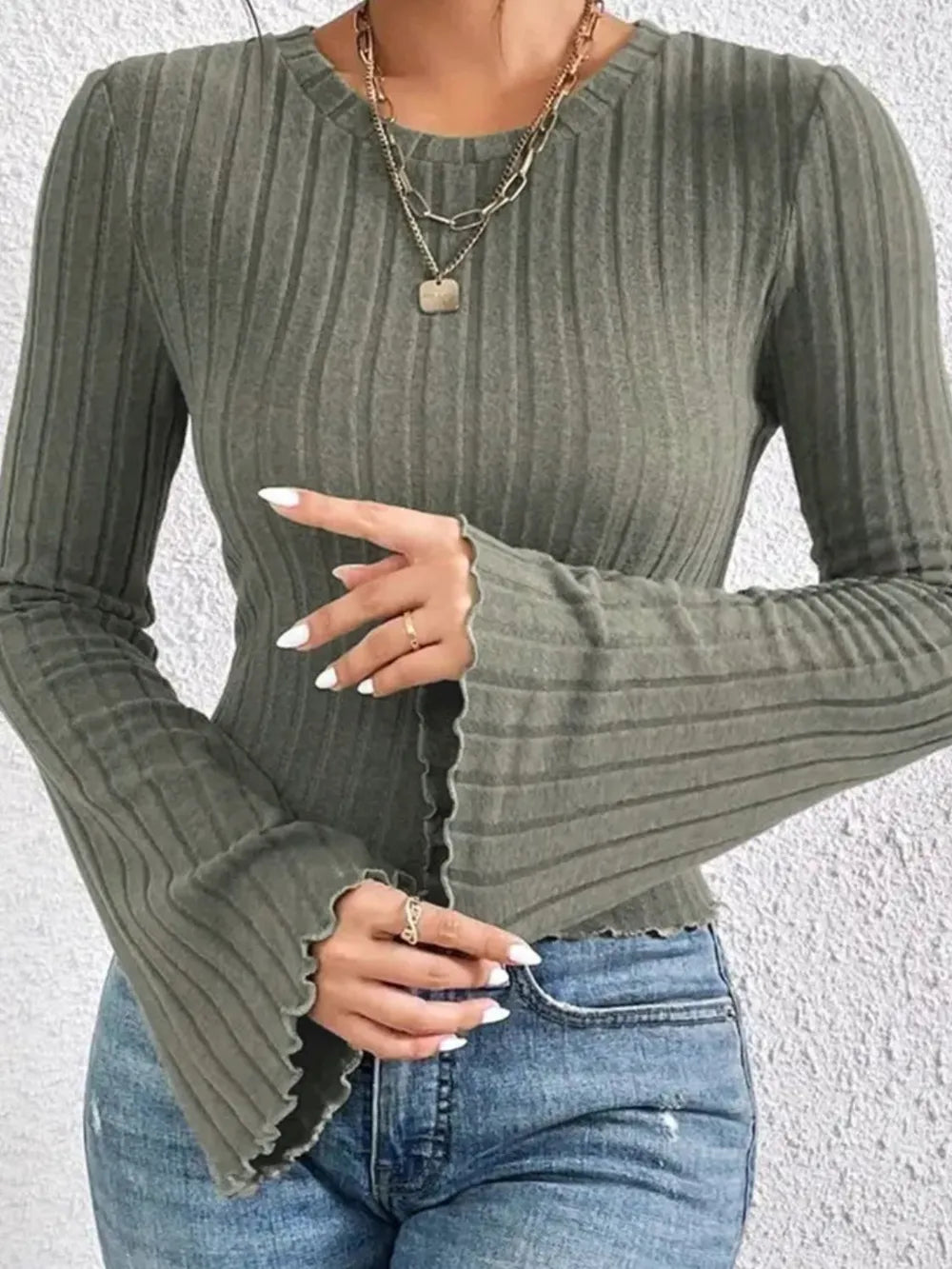 Ribbed Round Neck Flare Sleeve T-Shirt – Trendsi | ClozArt