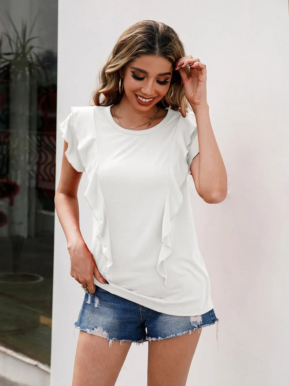 Ivy Lane Ruffled Round Neck Cap Sleeve T-Shirt – Trendsi | ClozArt
